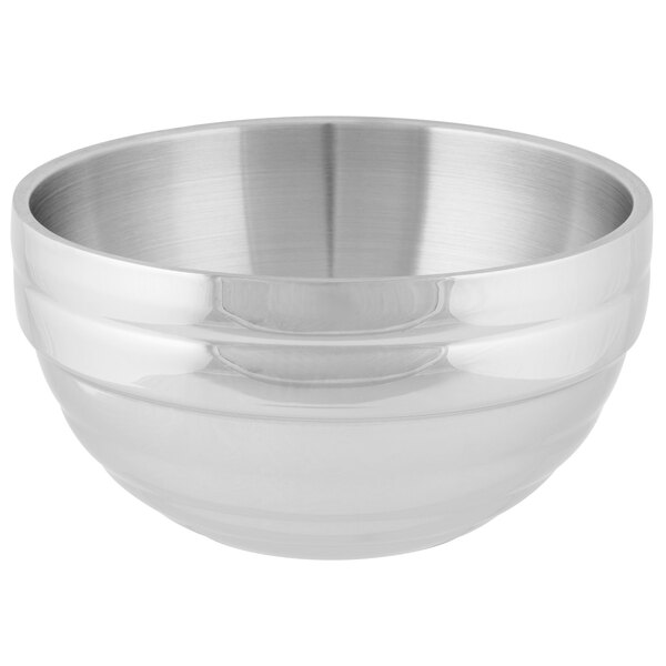 A silver Vollrath double wall metal serving bowl.