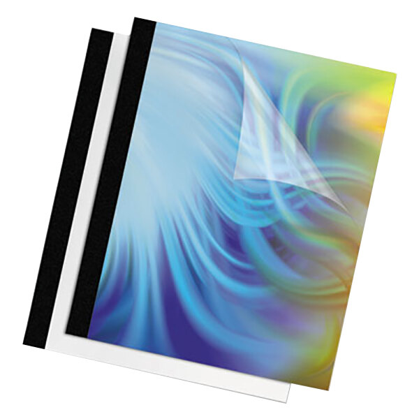 A Fellowes clear thermal binding cover with a black swirl design over two sheets of paper.
