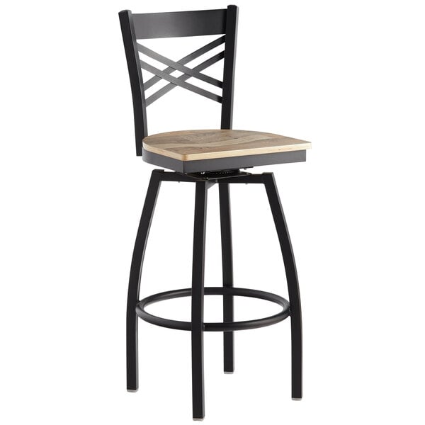 Black Swivel Chair With Driftwood Seat, White Wooden Cross Back Bar Stool