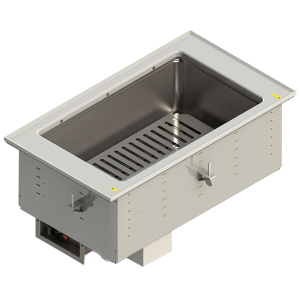 A rectangular metal Vollrath drop-in hot food well with a drain.