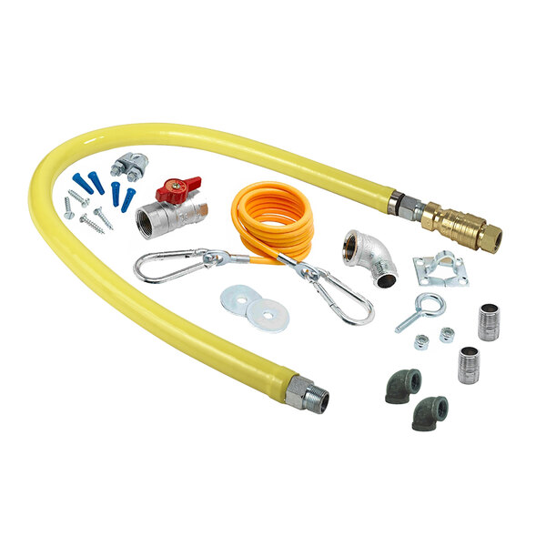 A yellow T&S gas hose with various parts including elbows and a ball valve.