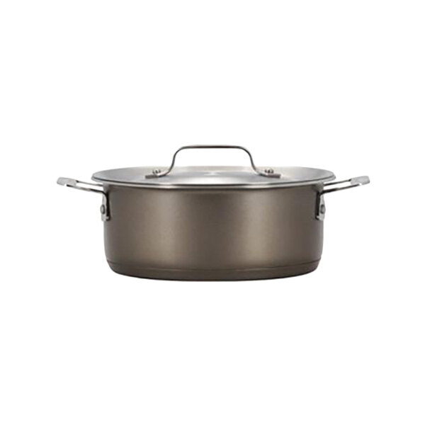 A Bon Chef taupe stainless steel casserole pot with lid.