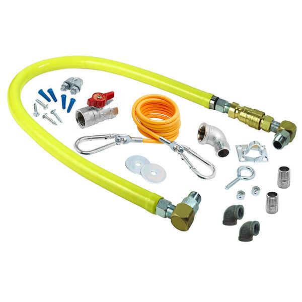 A yellow T&S Safe-T-Link gas hose with yellow and black accessories.