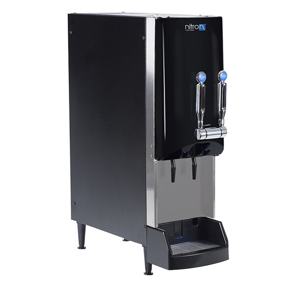 A black and silver Bunn Nitron cold draft countertop coffee dispenser with two dispensers.