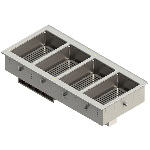 A large stainless steel Vollrath drop-in hot food well with four compartments.