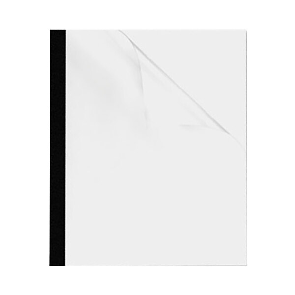 A white paper with a black rectangular binding cover and curved corners.