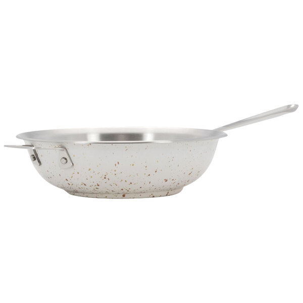 A white speckled stainless steel Bon Chef Cucina chef's pan with a handle.