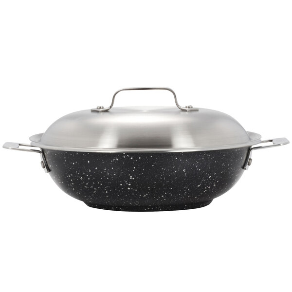 A black and silver Bon Chef Cucina brazier pot with a lid.