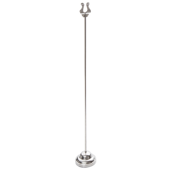 An American Metalcraft chrome table card holder with a metal pole on a weighted base.