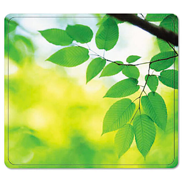 A green leaf on a Fellowes nonskid mouse pad.