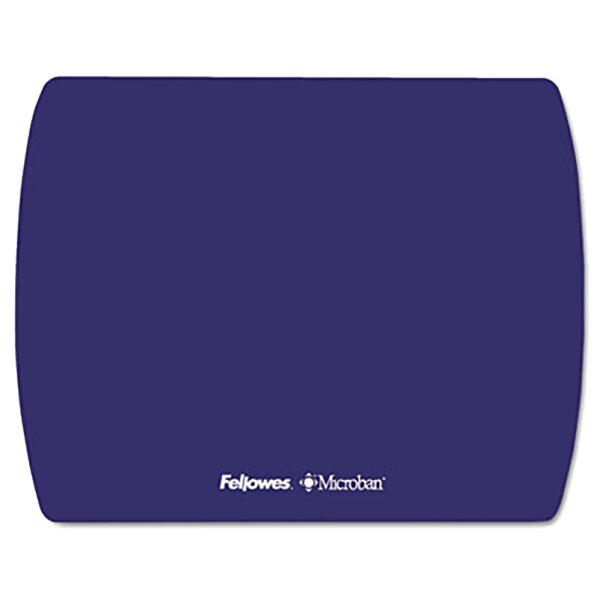 A rectangular blue Fellowes mouse pad with white text.