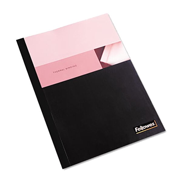 A black and clear Fellowes thermal binding cover package with pink and black text.