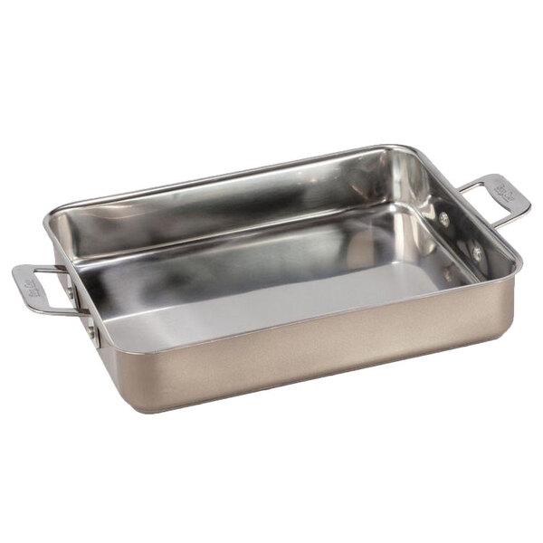 A silver rectangular Bon Chef stainless steel roasting pan with handles.