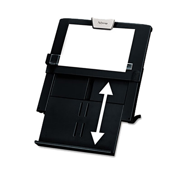 A black rectangular Fellowes copyholder with white paper and an arrow pointing up.