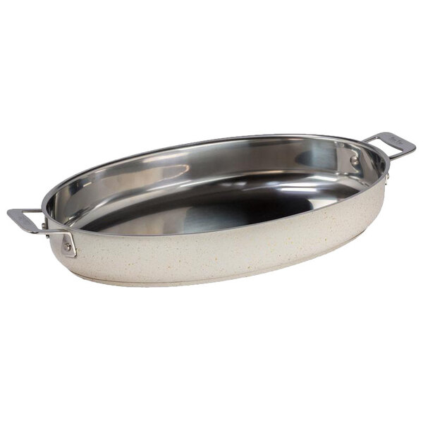 A Bon Chef stainless steel oval pan with handles.