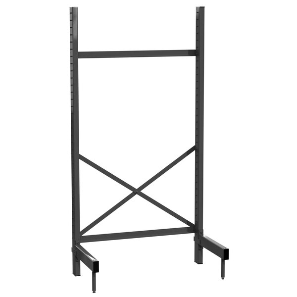 A black metal frame for a Metro SmartLever shelving unit with two x legs.
