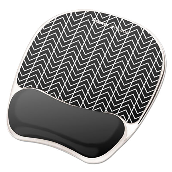 A Fellowes black and white chevron patterned mouse pad.