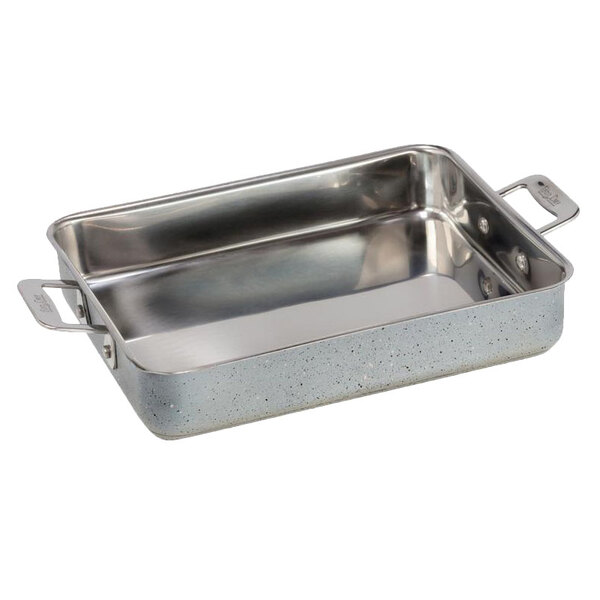 A silver rectangular Bon Chef stainless steel roasting pan with handles.