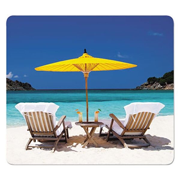 A yellow beach chair with a yellow umbrella on a Fellowes Caribbean Beach mouse pad.