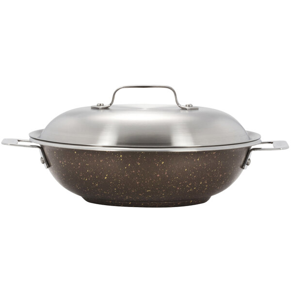 A stainless steel Bon Chef Cucina stir fry pan with a brown lid and handle.