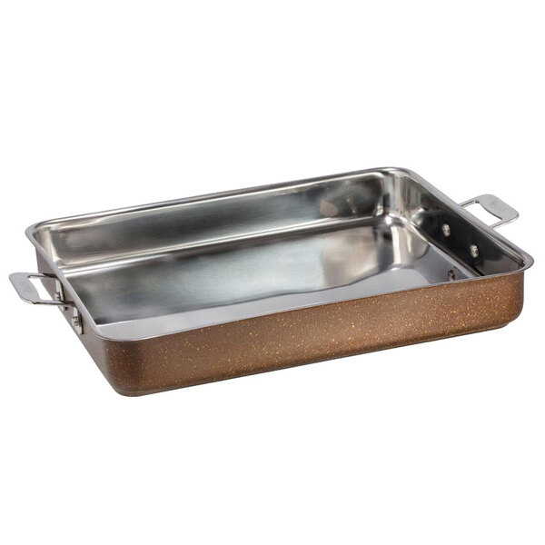 A Bon Chef stainless steel roasting pan with handles.
