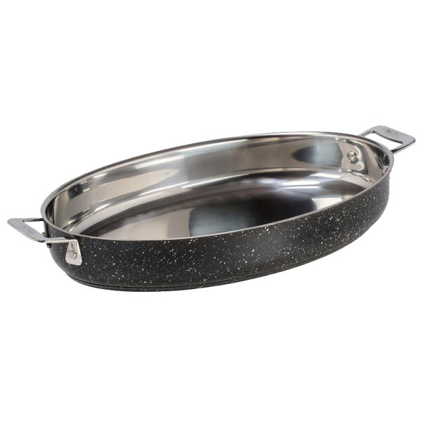 A black and silver stainless steel Bon Chef oval pan with handles.
