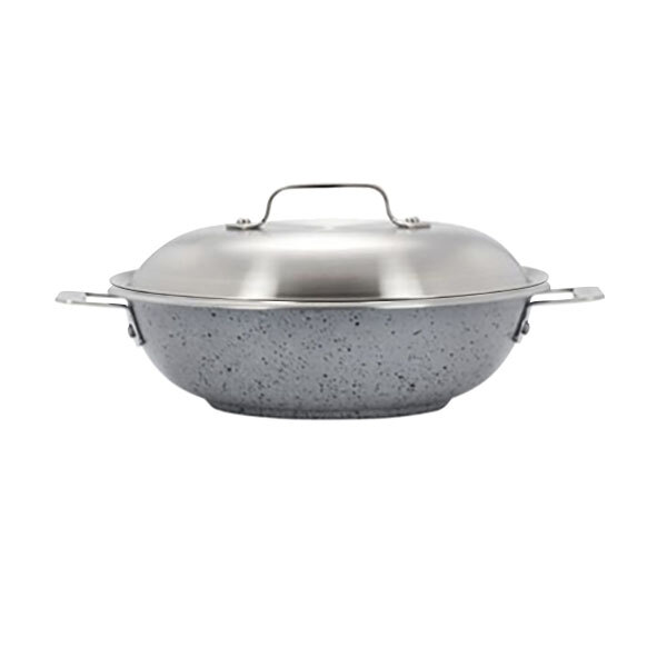 A Bon Chef stainless steel brazier pot with a lid.