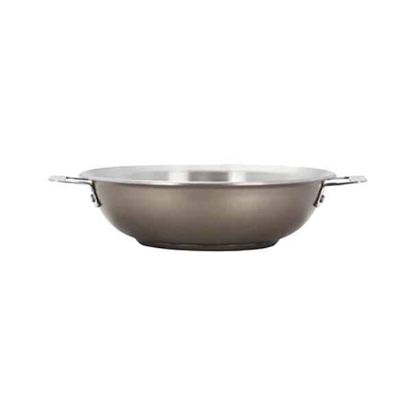 A silver stainless steel Bon Chef Cucina stir fry pan with handles.
