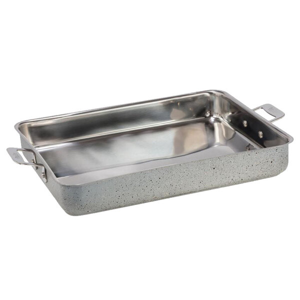 A Bon Chef silver stainless steel rectangular roasting pan with handles.