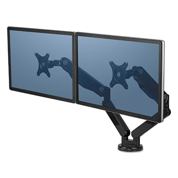 A black Fellowes dual monitor arm holding two computer monitors.