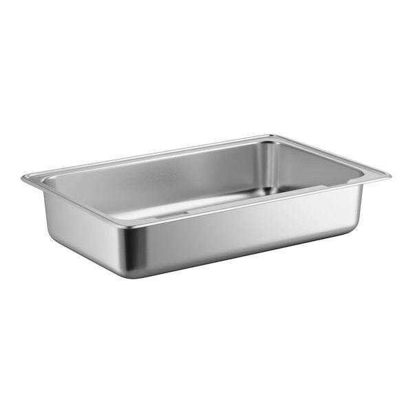 A rectangular, stainless steel pan with smooth sides and a flat rim, shown on a white background.