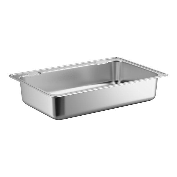 A rectangular, stainless steel pan with smooth sides and a shiny finish.