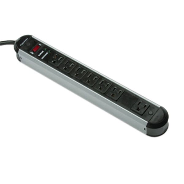 A black and silver Fellowes power strip with a cord.