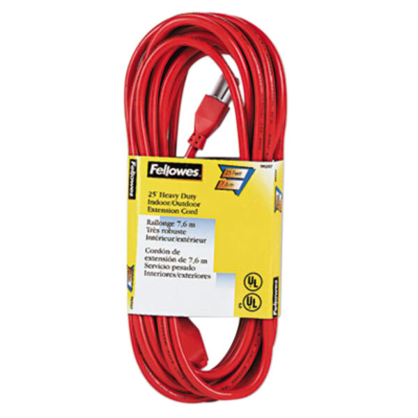 A box of red Fellowes heavy-duty extension cords.