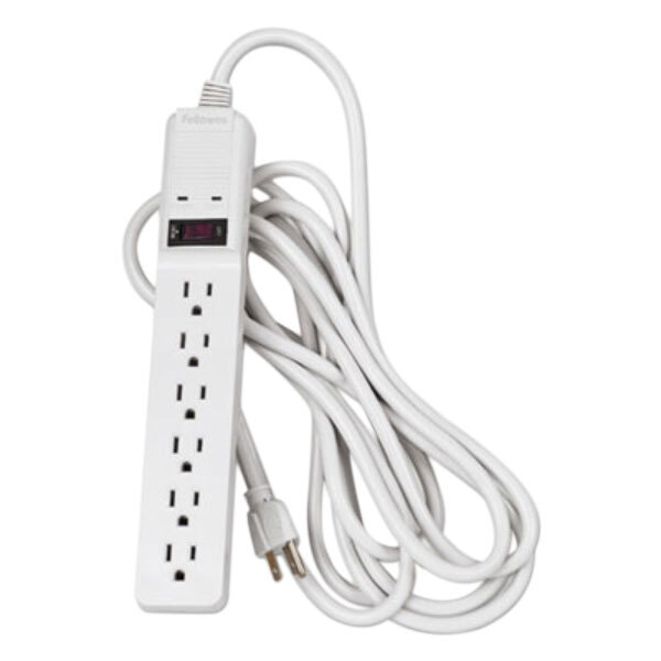 A white Fellowes surge protector with multiple outlets and a cord.