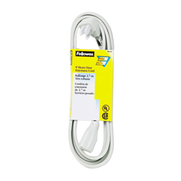 A gray extension cord with a yellow label.