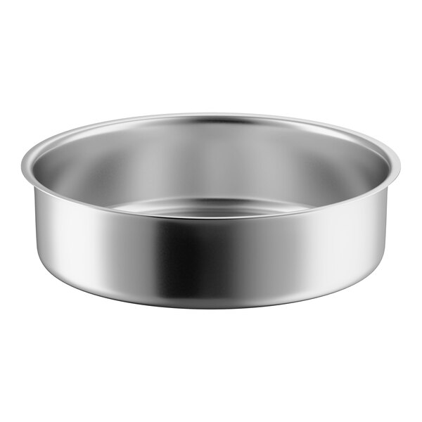 A round, stainless steel pan with smooth sides and a reflective finish.