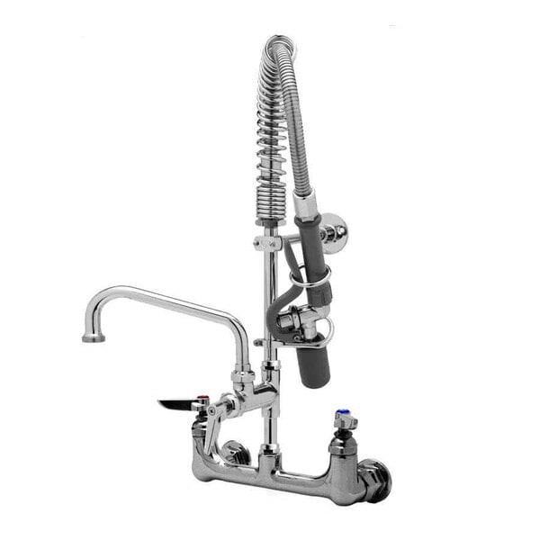 A T&S chrome low profile wall mounted pre-rinse faucet with a hose attached.
