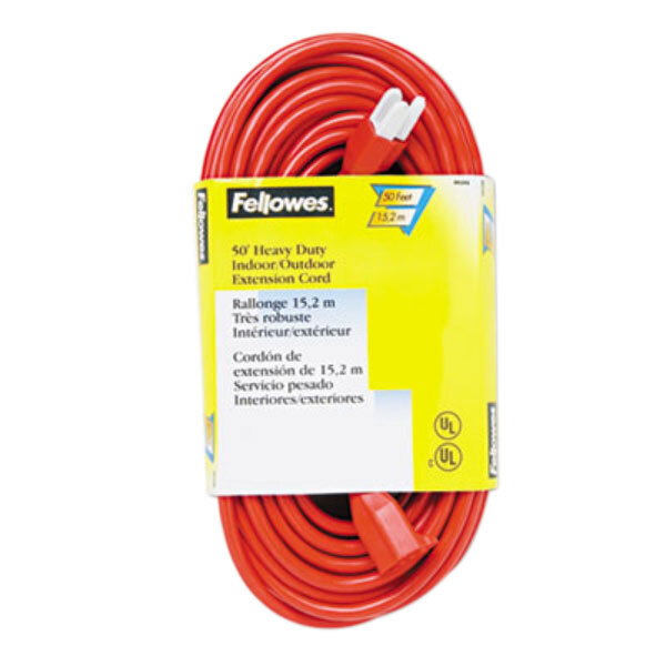 A roll of orange Fellowes heavy-duty indoor/outdoor extension cord with a yellow and black label with black text.