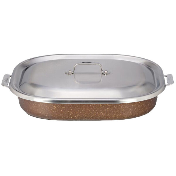 A Bon Chef stainless steel rectangular roasting pan with a metal lid.