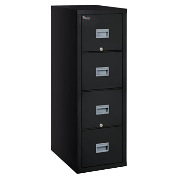 A black FireKing file cabinet with four drawers.