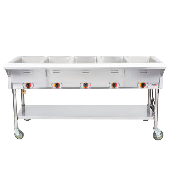 APW Wyott PST-5S Five Pan Exposed Portable Steam Table with Stainless Steel Legs and Undershelf - 2500W - Open Well, 240V