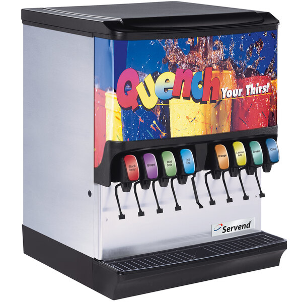 A Servend countertop soda fountain machine with colorful soda dispensers.
