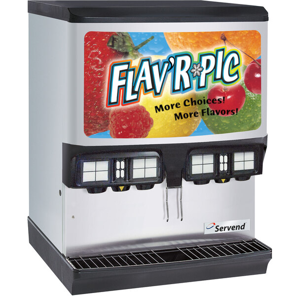 A Servend beverage dispenser with a sign reading "Flav'R Pic" on it.