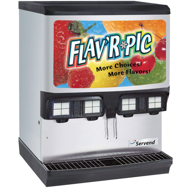 A white Servend beverage dispenser with the words "Flav'R Pic" on it.