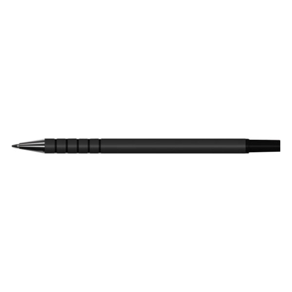 A Universal black pen with black ink and barrel with a black tip.