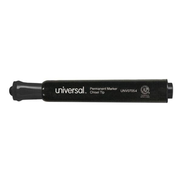 A Universal black chisel tip permanent marker.