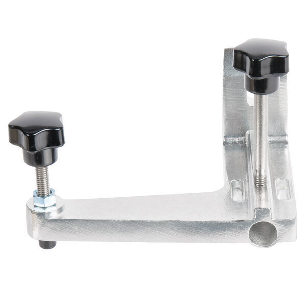 An Avantco metal L-shaped sharpener bracket with black knobs on it.