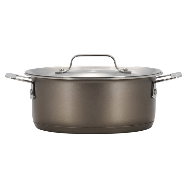 A Bon Chef stainless steel induction pot with a taupe lid.