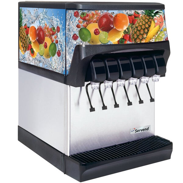 A Servend countertop juice dispenser with a fruit design on the side.